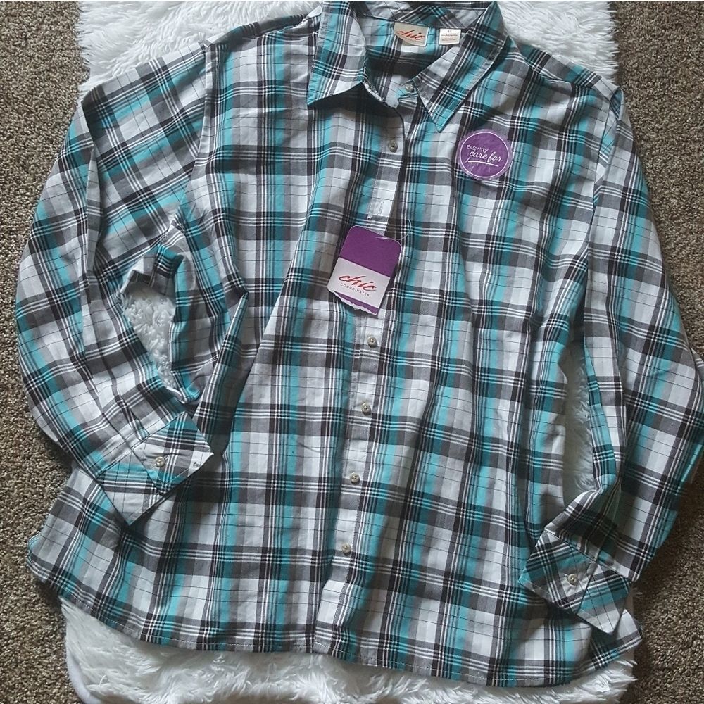 Chic Comfort Collection NEW Plaid Button Down Long Sleeve Top Size 3X